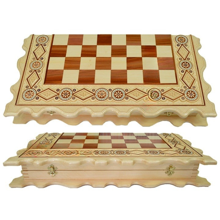 Handmade carved chess board with pieces is a great gift. chess lovers gift