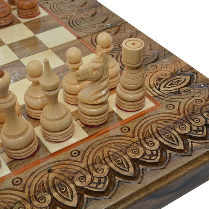 Carved Chess set wood with figures - Unique fathers day gift