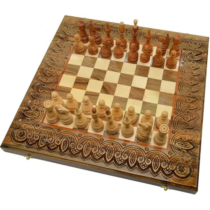 Carved Chess set wood with figures - Unique fathers day gift