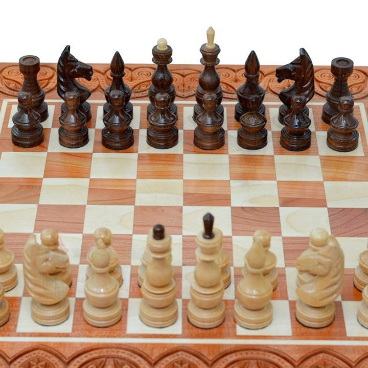 Carved Chess set wood with figures - Perfect Chess Lovers Gift