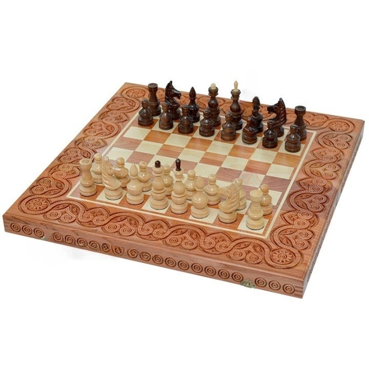 Carved Chess set wood with figures - Perfect Chess Lovers Gift